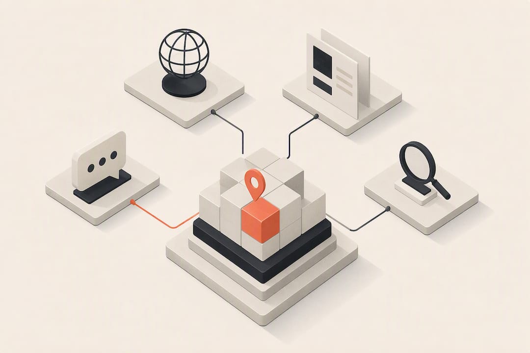 Isometric illustration of AI search visibility layers
